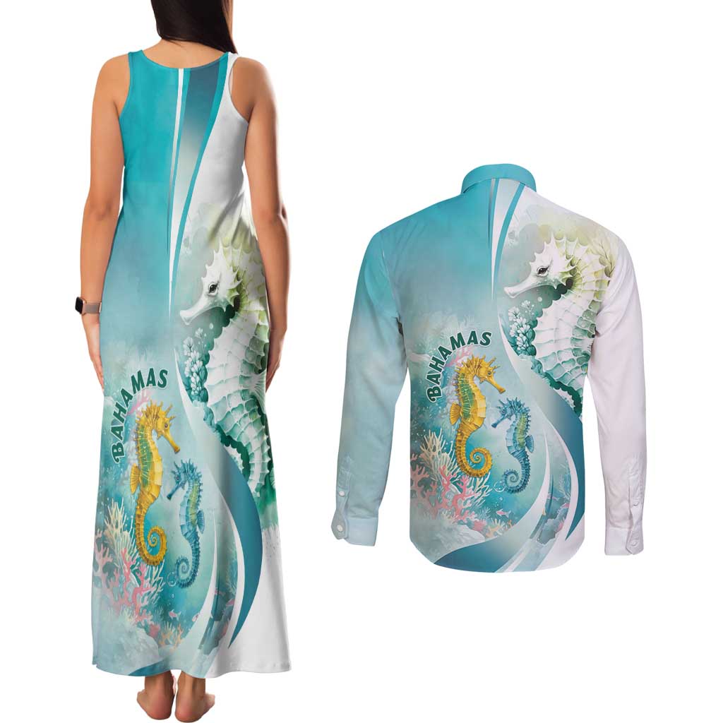 Bahamas Seahorse Couples Matching Tank Maxi Dress and Long Sleeve Button Shirt Ocean Spirit - Wonder Print Shop