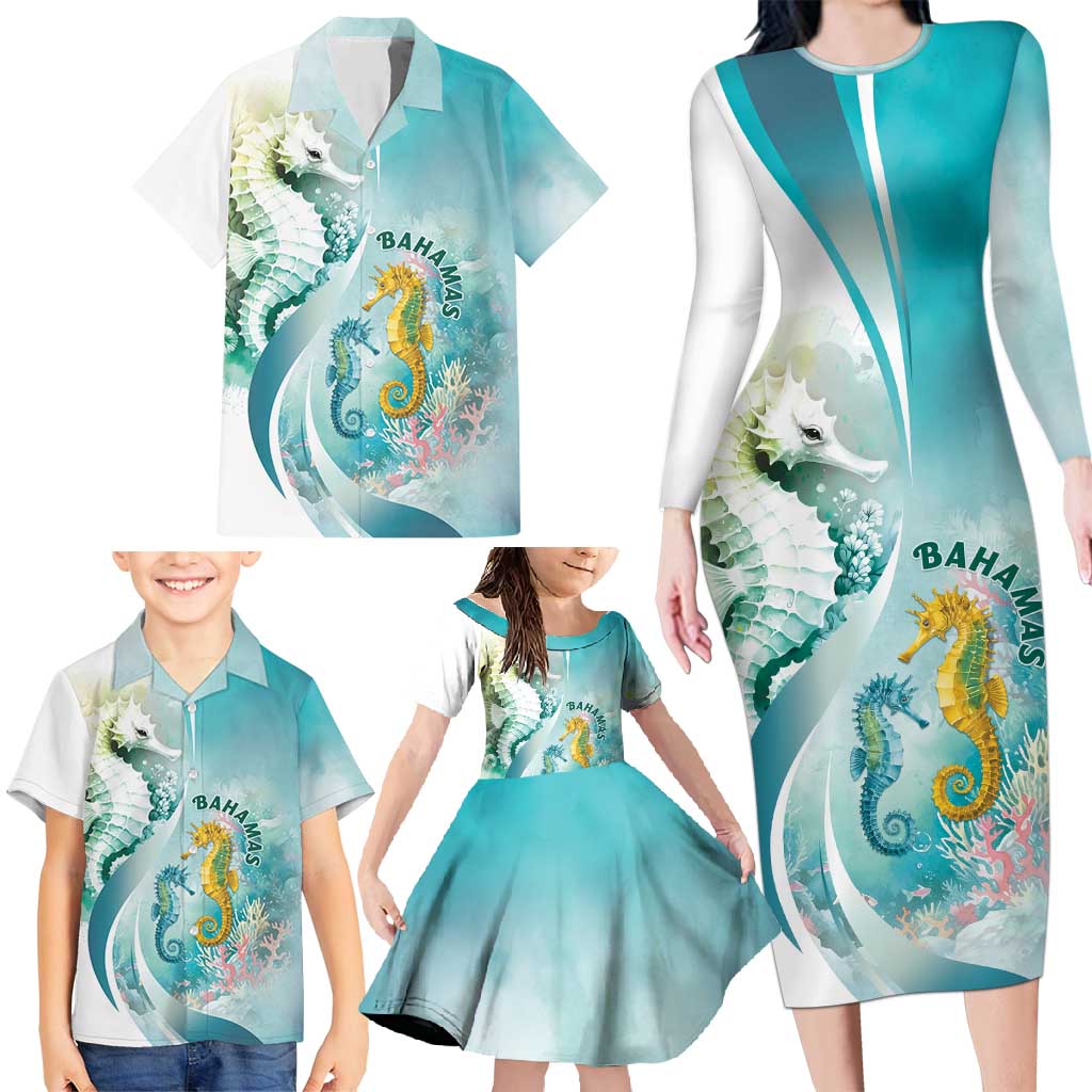 Bahamas Seahorse Family Matching Long Sleeve Bodycon Dress and Hawaiian Shirt Ocean Spirit - Wonder Print Shop