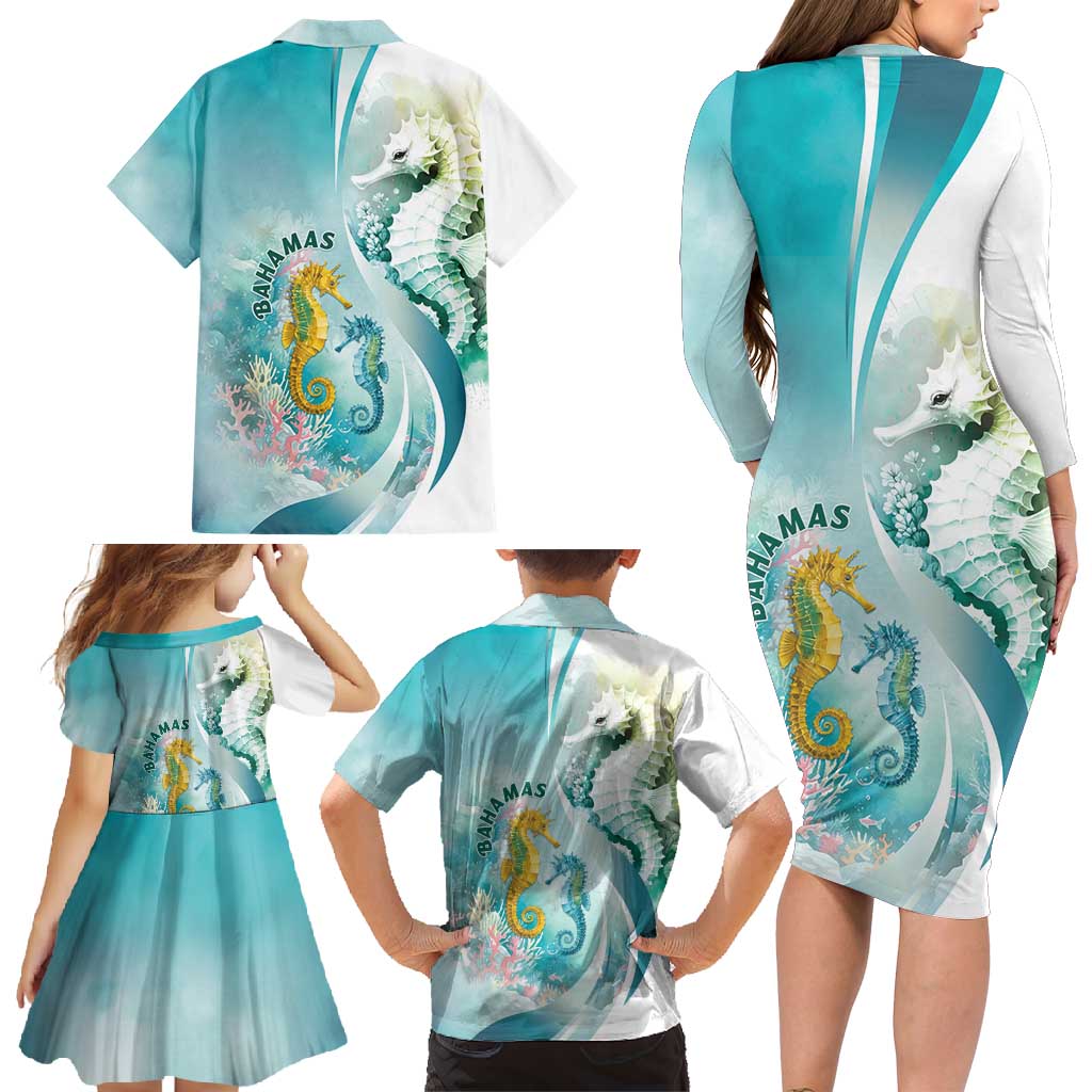 Bahamas Seahorse Family Matching Long Sleeve Bodycon Dress and Hawaiian Shirt Ocean Spirit - Wonder Print Shop