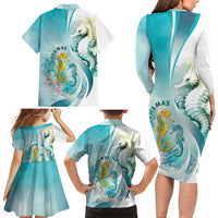 Bahamas Seahorse Family Matching Long Sleeve Bodycon Dress and Hawaiian Shirt Ocean Spirit - Wonder Print Shop