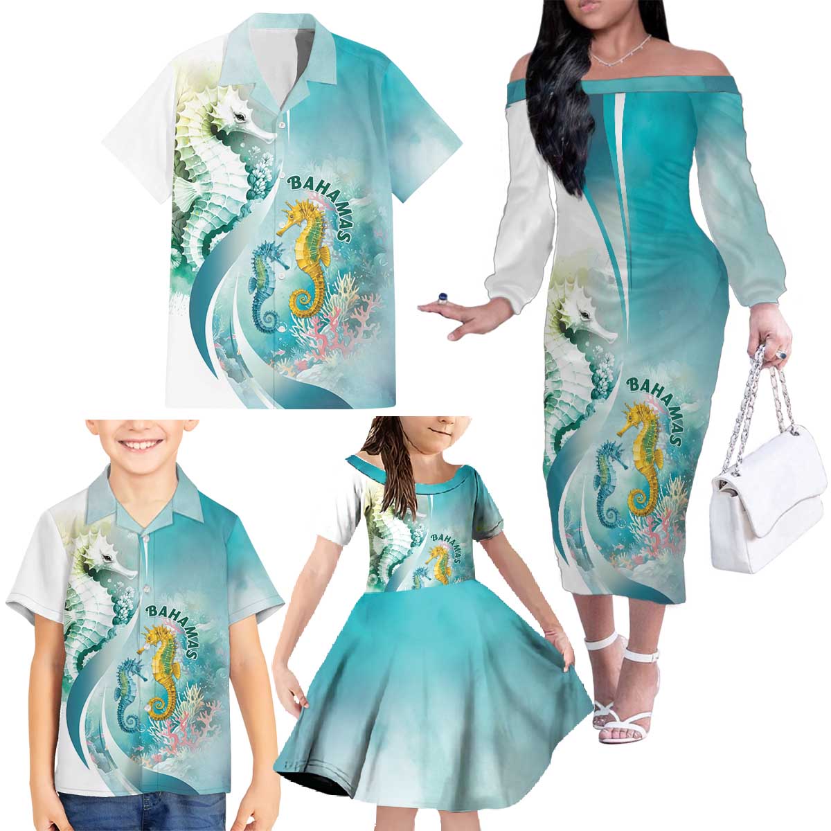Bahamas Seahorse Family Matching Off The Shoulder Long Sleeve Dress and Hawaiian Shirt Ocean Spirit - Wonder Print Shop