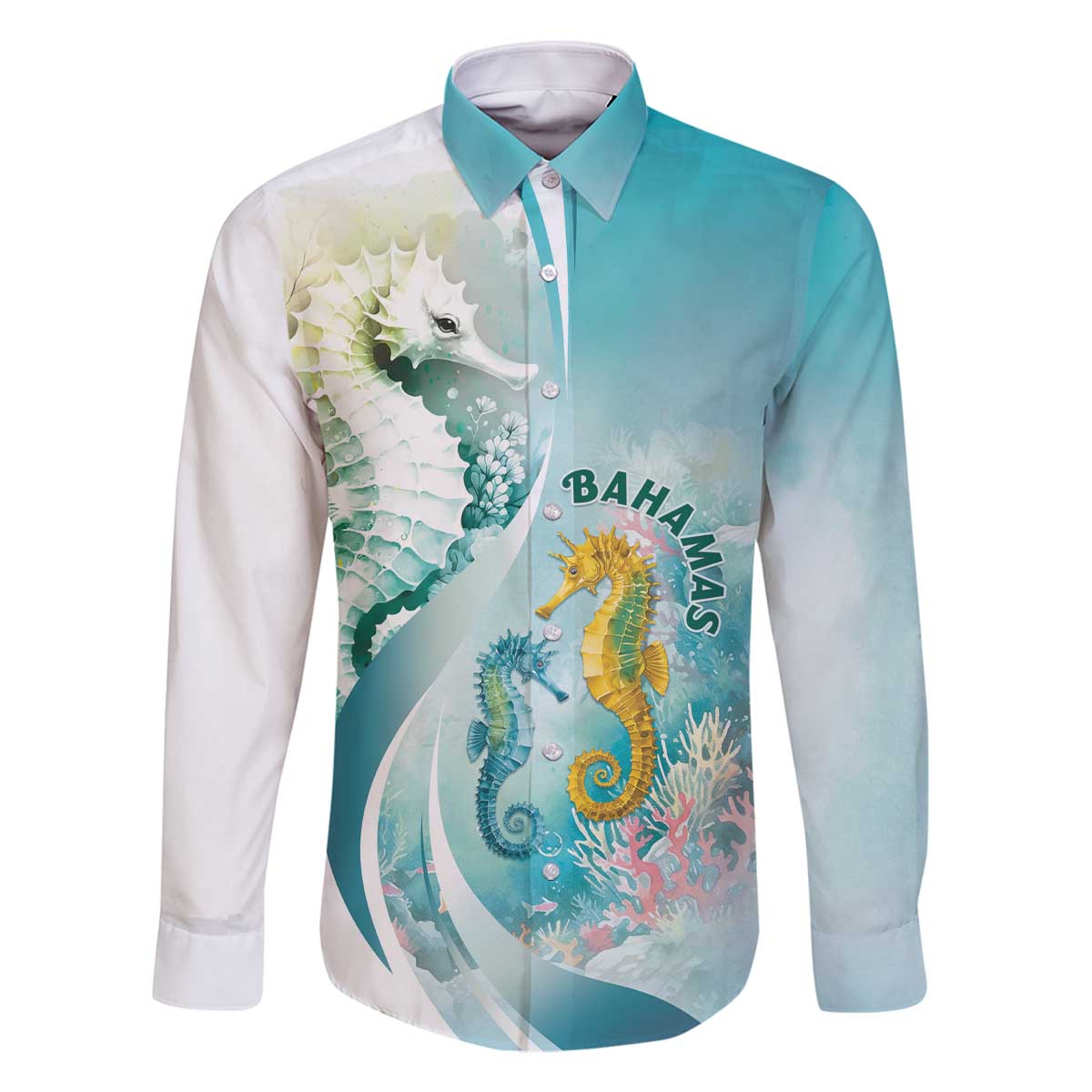 Bahamas Seahorse Family Matching Off The Shoulder Long Sleeve Dress and Hawaiian Shirt Ocean Spirit - Wonder Print Shop