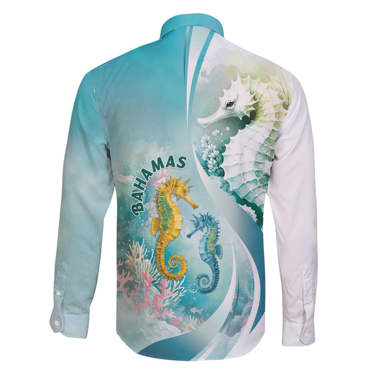 Bahamas Seahorse Family Matching Off The Shoulder Long Sleeve Dress and Hawaiian Shirt Ocean Spirit - Wonder Print Shop