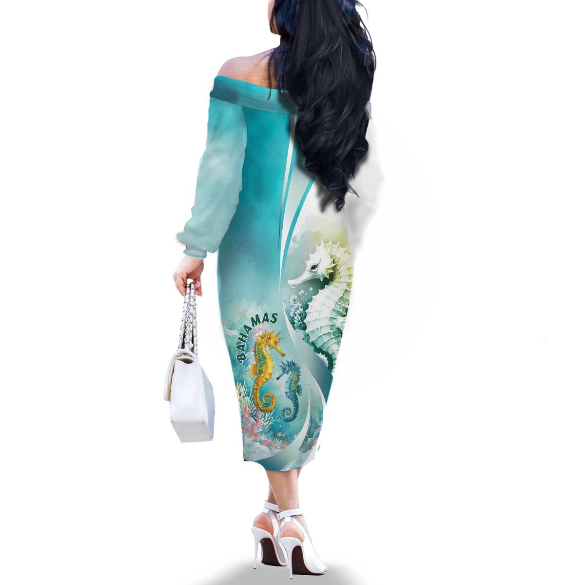 Bahamas Seahorse Family Matching Off The Shoulder Long Sleeve Dress and Hawaiian Shirt Ocean Spirit - Wonder Print Shop