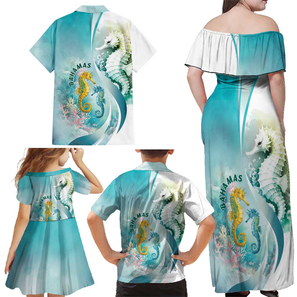 Bahamas Seahorse Family Matching Off Shoulder Maxi Dress and Hawaiian Shirt Ocean Spirit - Wonder Print Shop