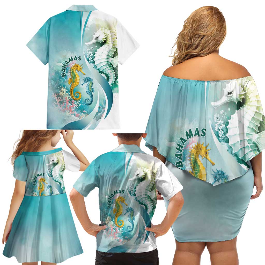 Bahamas Seahorse Family Matching Off Shoulder Short Dress and Hawaiian Shirt Ocean Spirit - Wonder Print Shop