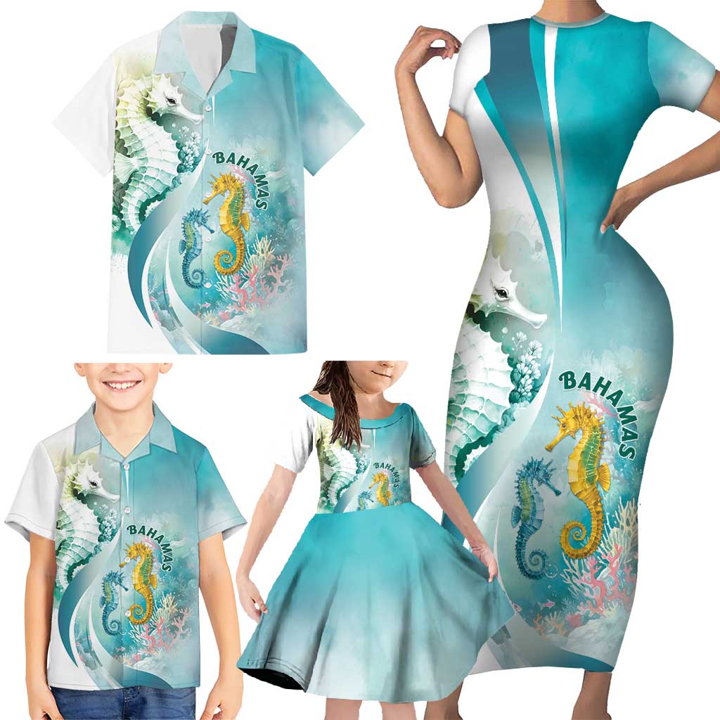 Bahamas Seahorse Family Matching Short Sleeve Bodycon Dress and Hawaiian Shirt Ocean Spirit - Wonder Print Shop