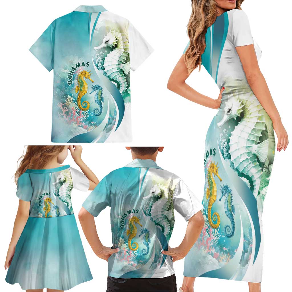 Bahamas Seahorse Family Matching Short Sleeve Bodycon Dress and Hawaiian Shirt Ocean Spirit - Wonder Print Shop
