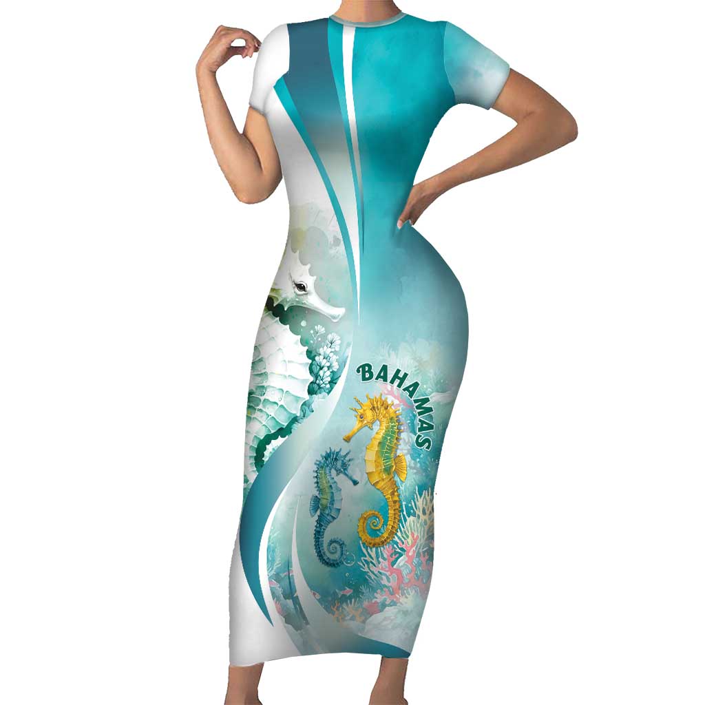 Bahamas Seahorse Family Matching Short Sleeve Bodycon Dress and Hawaiian Shirt Ocean Spirit - Wonder Print Shop