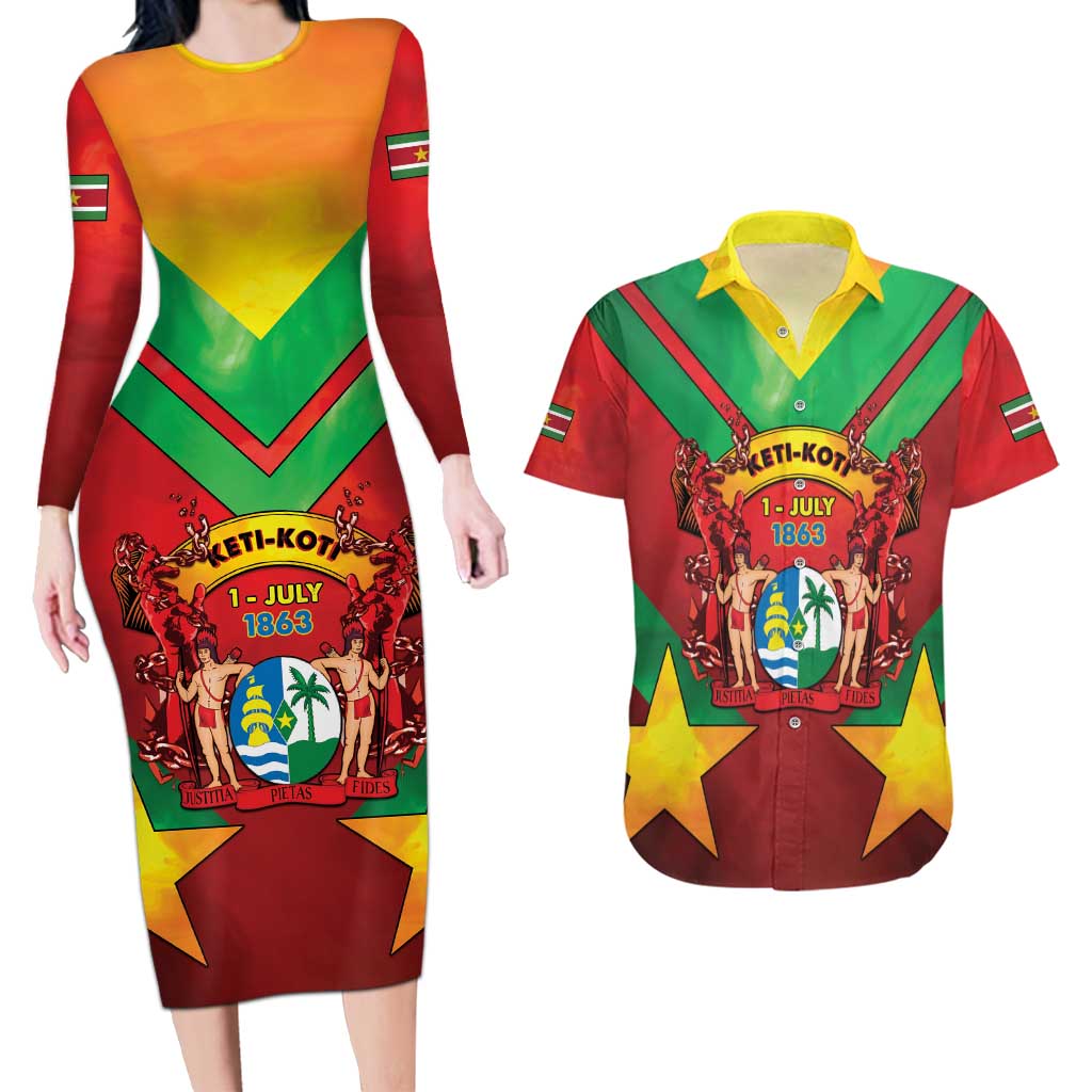 Suriname Emancipation Day Couples Matching Long Sleeve Bodycon Dress and Hawaiian Shirt Wan Switi Keti Koti - Wonder Print Shop