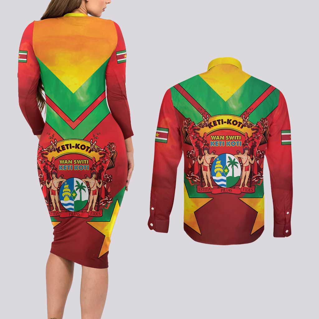 Suriname Emancipation Day Couples Matching Long Sleeve Bodycon Dress and Long Sleeve Button Shirt Wan Switi Keti Koti - Wonder Print Shop