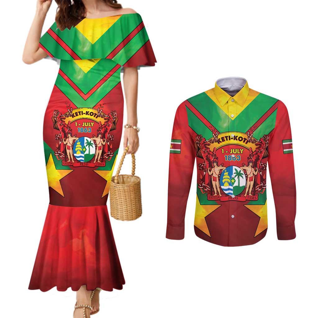 Suriname Emancipation Day Couples Matching Mermaid Dress and Long Sleeve Button Shirt Wan Switi Keti Koti - Wonder Print Shop