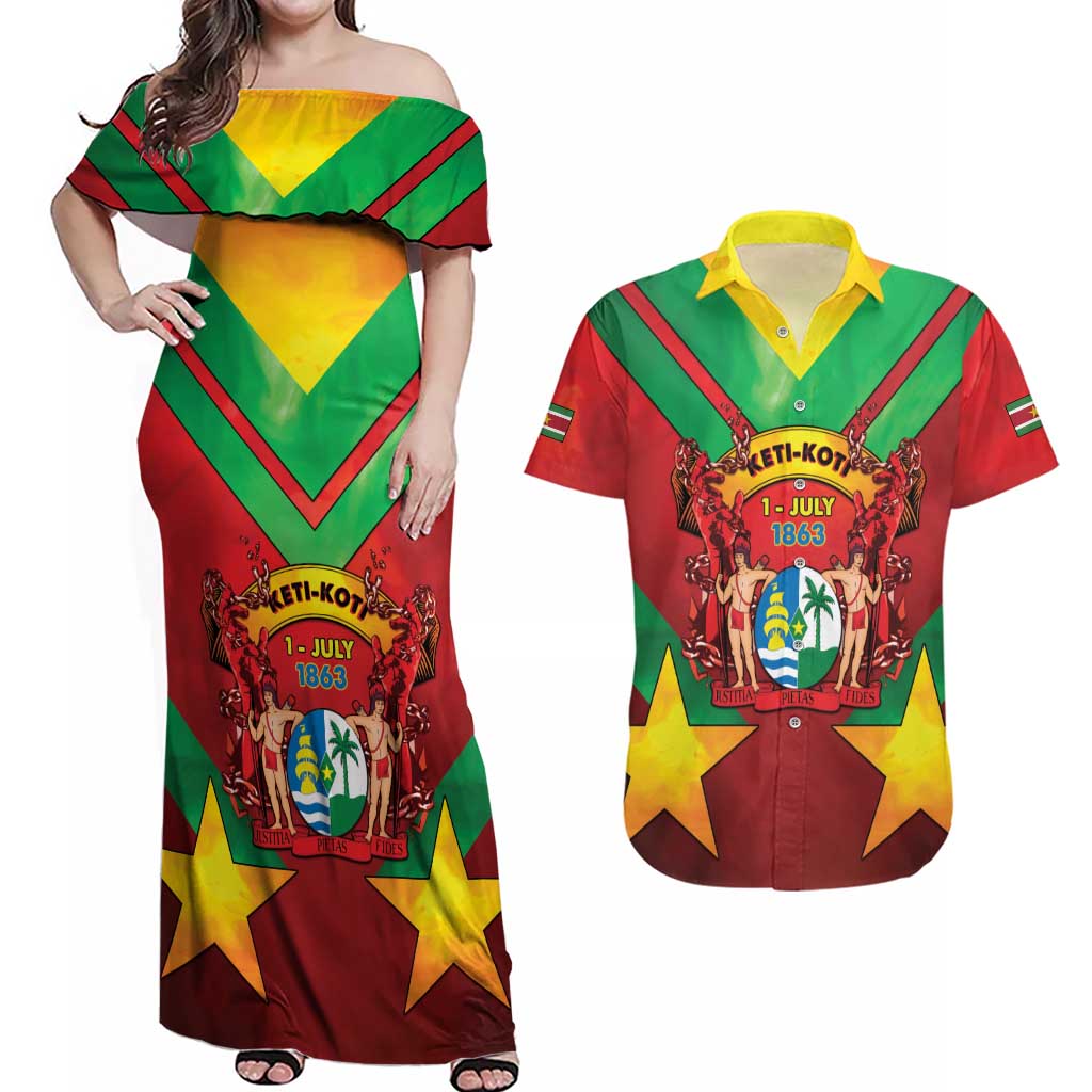 Suriname Emancipation Day Couples Matching Off Shoulder Maxi Dress and Hawaiian Shirt Wan Switi Keti Koti - Wonder Print Shop