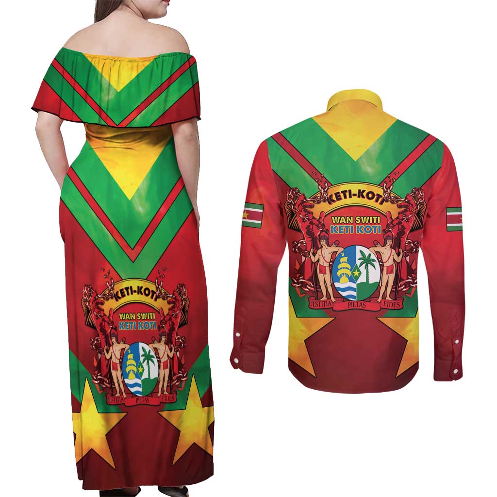 Suriname Emancipation Day Couples Matching Off Shoulder Maxi Dress and Long Sleeve Button Shirt Wan Switi Keti Koti - Wonder Print Shop