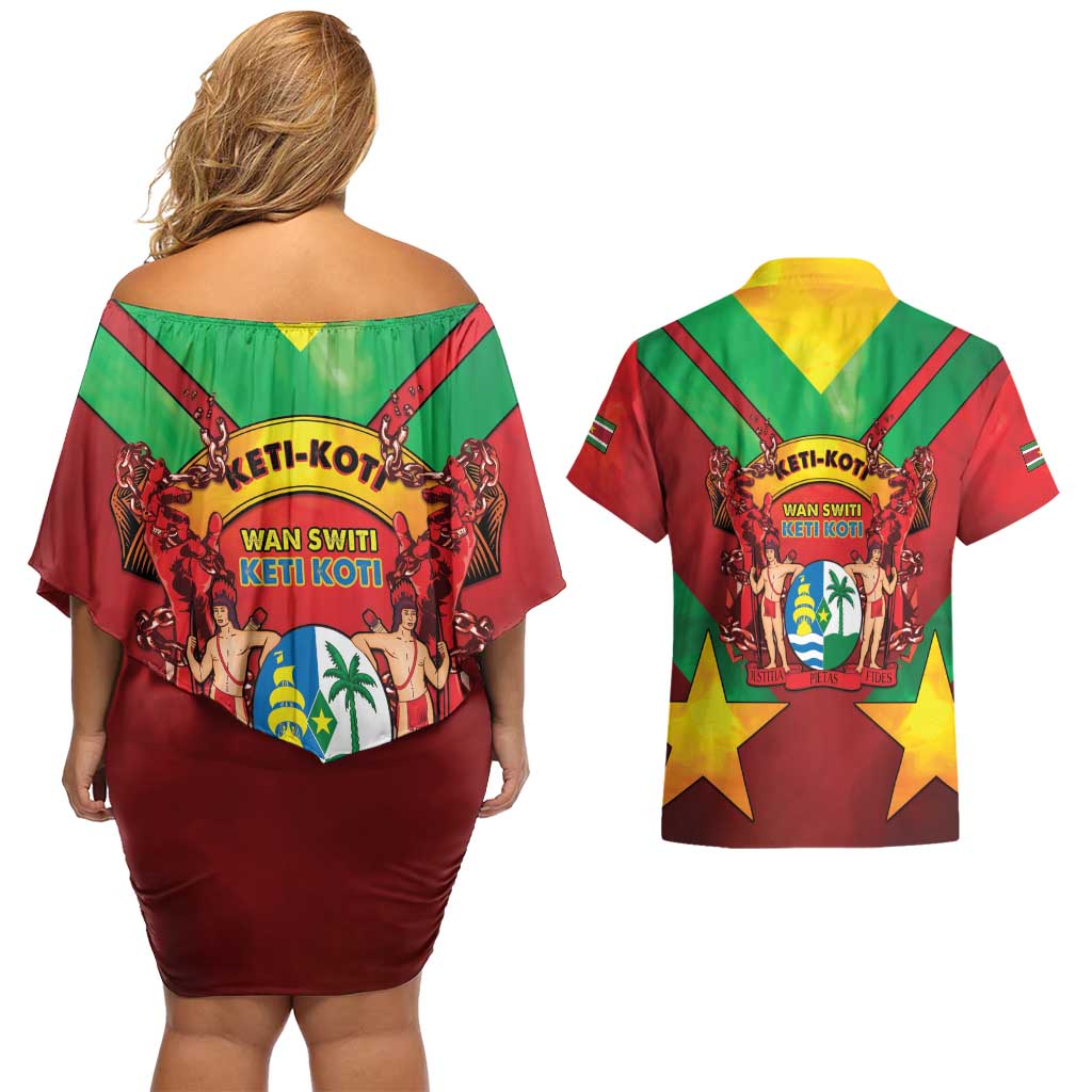 Suriname Emancipation Day Couples Matching Off Shoulder Short Dress and Hawaiian Shirt Wan Switi Keti Koti - Wonder Print Shop