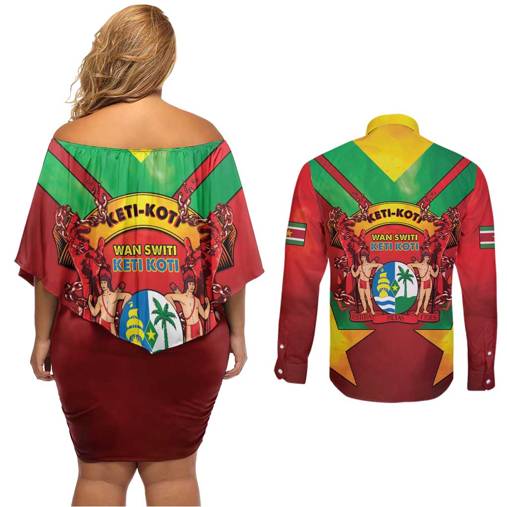 Suriname Emancipation Day Couples Matching Off Shoulder Short Dress and Long Sleeve Button Shirt Wan Switi Keti Koti - Wonder Print Shop