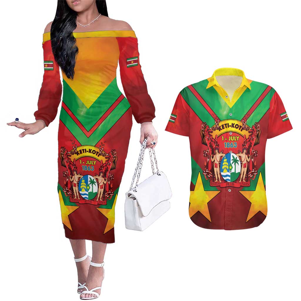 Suriname Emancipation Day Couples Matching Off The Shoulder Long Sleeve Dress and Hawaiian Shirt Wan Switi Keti Koti - Wonder Print Shop