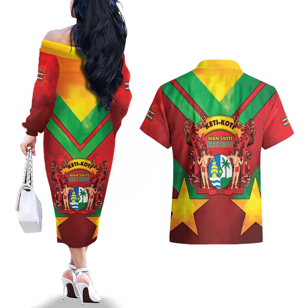 Suriname Emancipation Day Couples Matching Off The Shoulder Long Sleeve Dress and Hawaiian Shirt Wan Switi Keti Koti - Wonder Print Shop