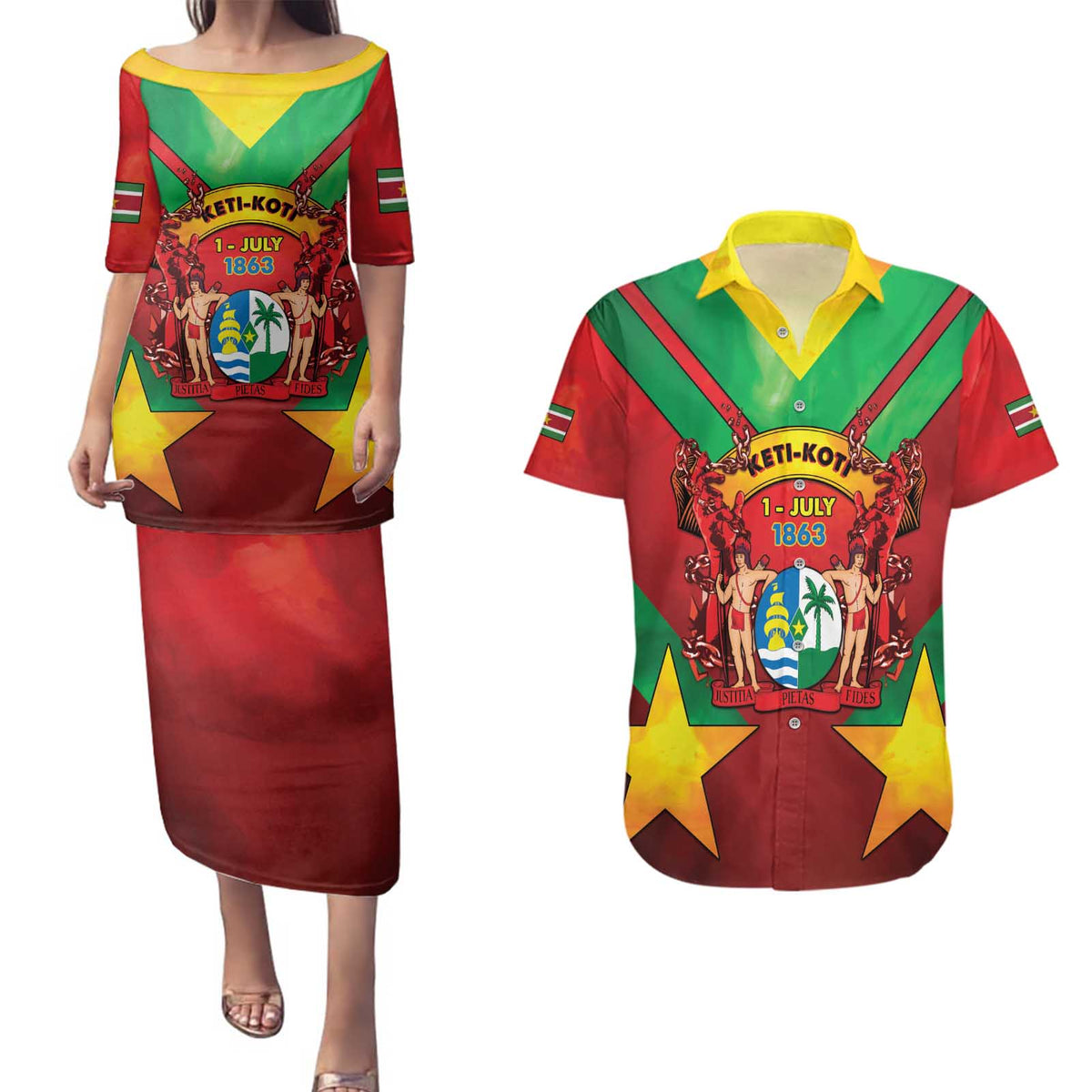 Suriname Emancipation Day Couples Matching Puletasi and Hawaiian Shirt Wan Switi Keti Koti - Wonder Print Shop