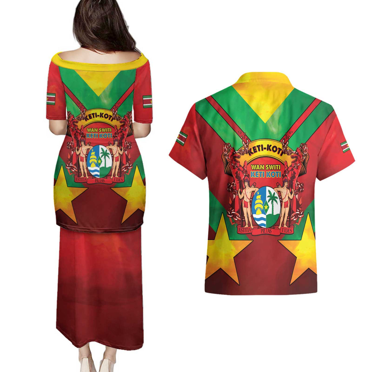 Suriname Emancipation Day Couples Matching Puletasi and Hawaiian Shirt Wan Switi Keti Koti - Wonder Print Shop