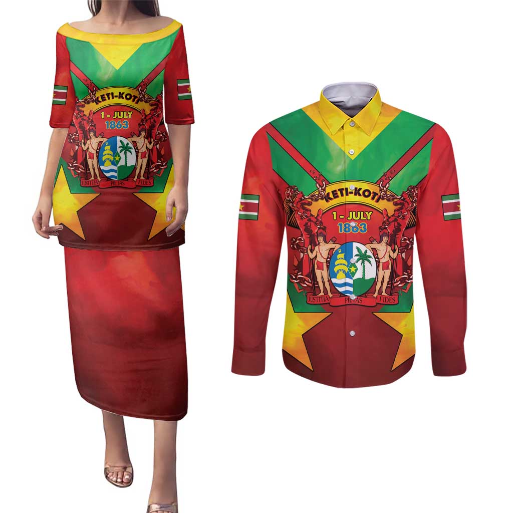 Suriname Emancipation Day Couples Matching Puletasi and Long Sleeve Button Shirt Wan Switi Keti Koti - Wonder Print Shop