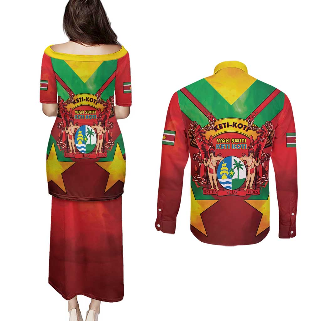 Suriname Emancipation Day Couples Matching Puletasi and Long Sleeve Button Shirt Wan Switi Keti Koti - Wonder Print Shop