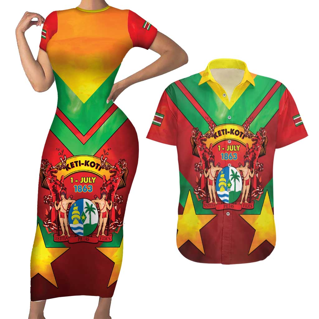 Suriname Emancipation Day Couples Matching Short Sleeve Bodycon Dress and Hawaiian Shirt Wan Switi Keti Koti - Wonder Print Shop