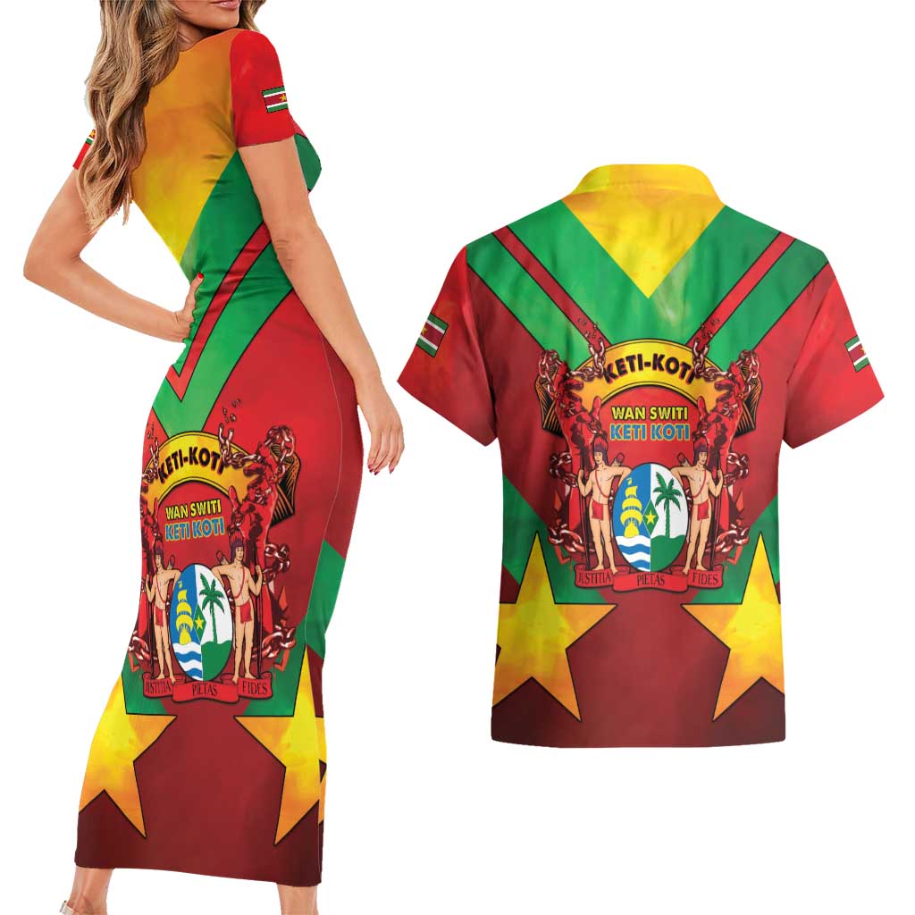 Suriname Emancipation Day Couples Matching Short Sleeve Bodycon Dress and Hawaiian Shirt Wan Switi Keti Koti - Wonder Print Shop