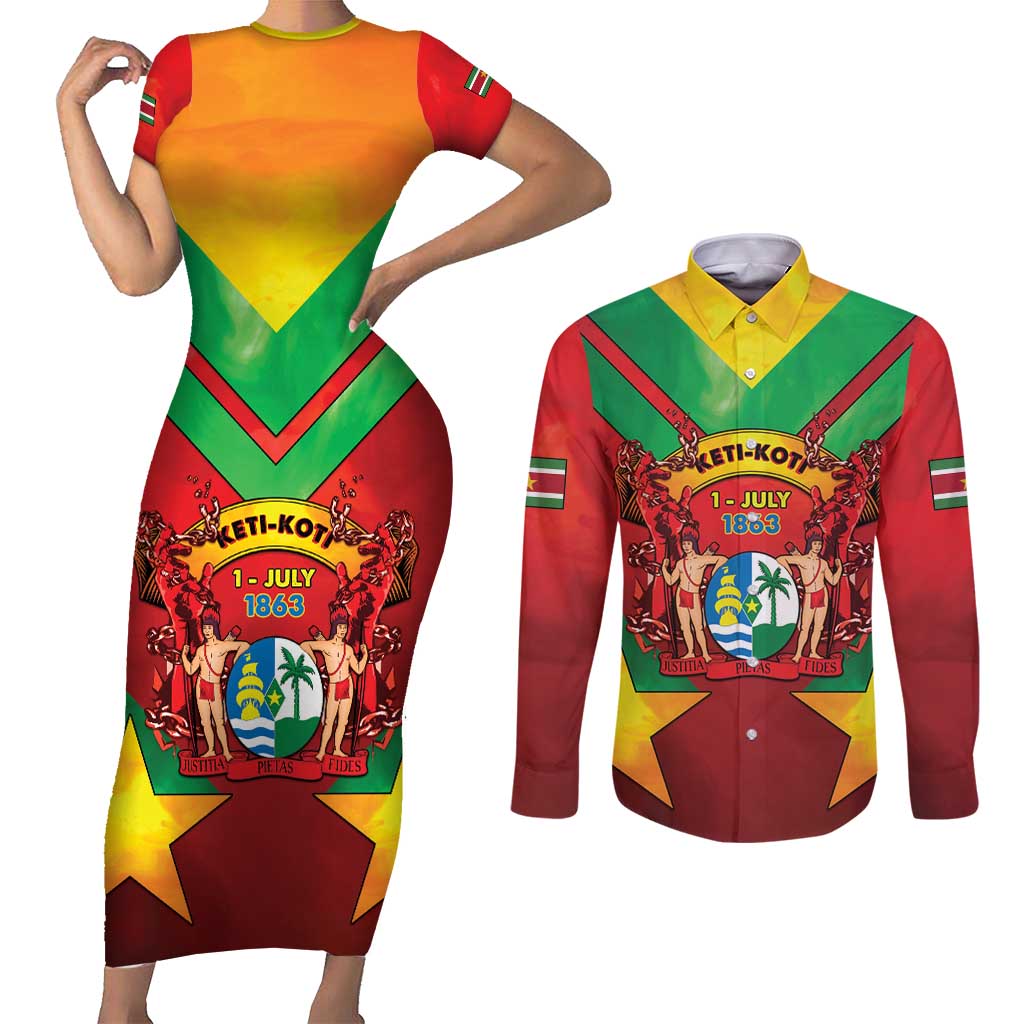 Suriname Emancipation Day Couples Matching Short Sleeve Bodycon Dress and Long Sleeve Button Shirt Wan Switi Keti Koti - Wonder Print Shop