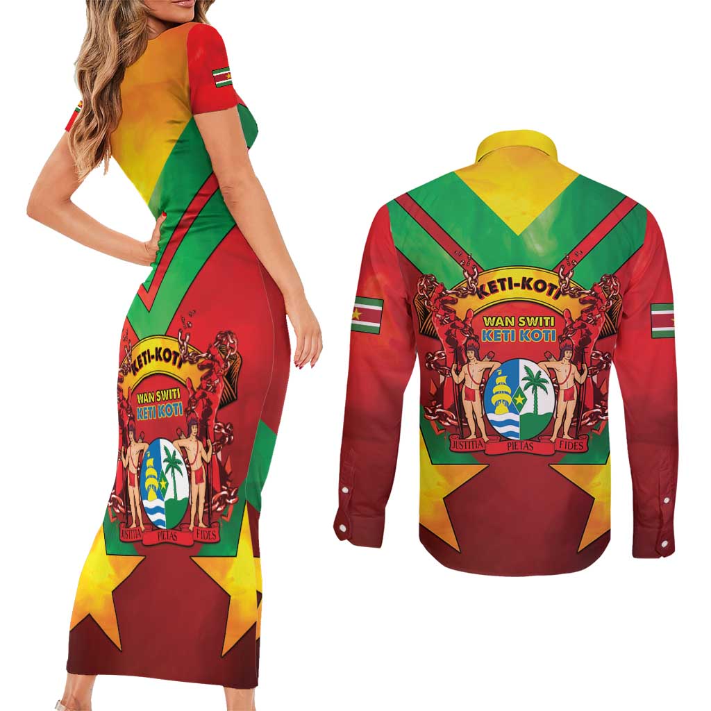 Suriname Emancipation Day Couples Matching Short Sleeve Bodycon Dress and Long Sleeve Button Shirt Wan Switi Keti Koti - Wonder Print Shop