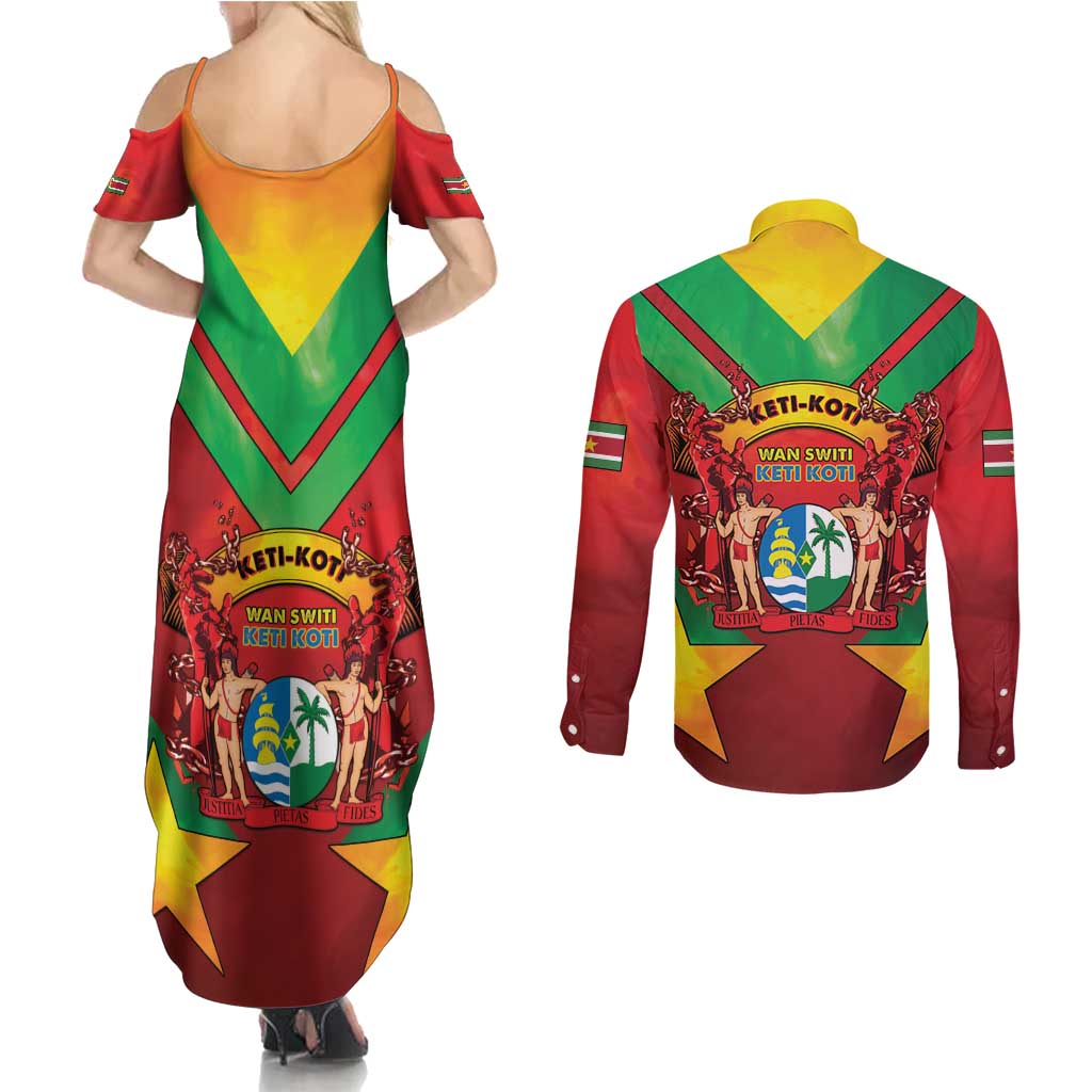 Suriname Emancipation Day Couples Matching Summer Maxi Dress and Long Sleeve Button Shirt Wan Switi Keti Koti - Wonder Print Shop