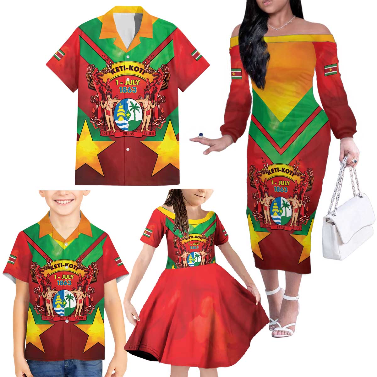 Suriname Emancipation Day Family Matching Off The Shoulder Long Sleeve Dress and Hawaiian Shirt Wan Switi Keti Koti - Wonder Print Shop