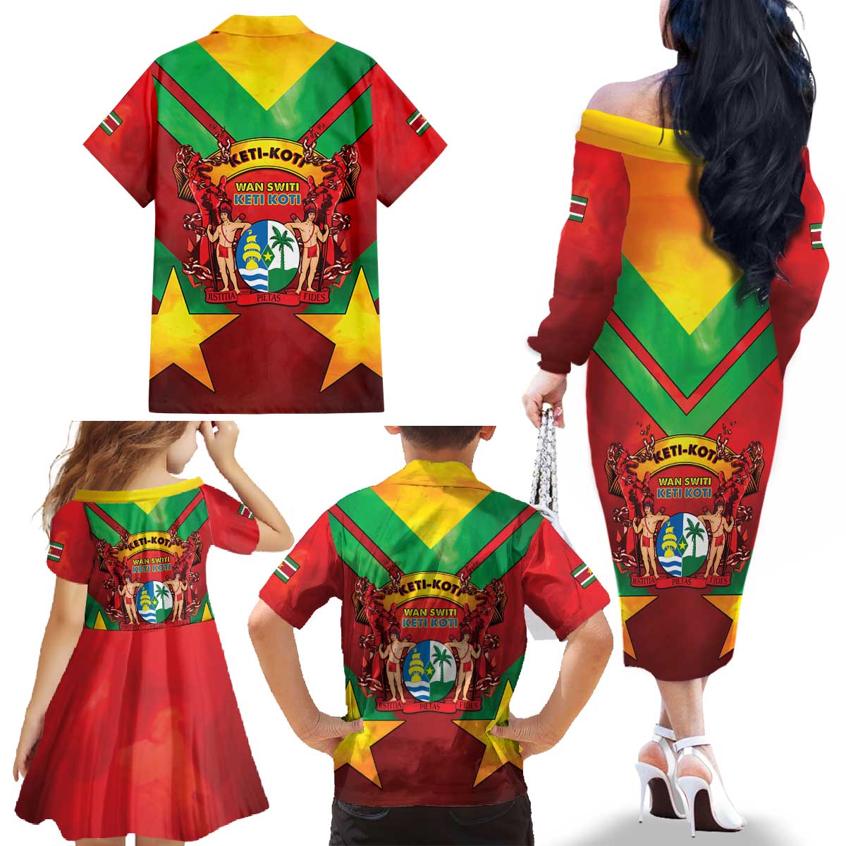 Suriname Emancipation Day Family Matching Off The Shoulder Long Sleeve Dress and Hawaiian Shirt Wan Switi Keti Koti - Wonder Print Shop