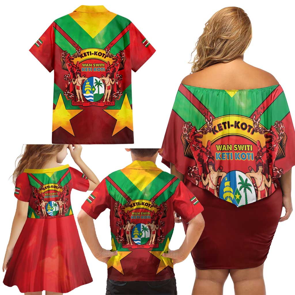 Suriname Emancipation Day Family Matching Off Shoulder Short Dress and Hawaiian Shirt Wan Switi Keti Koti - Wonder Print Shop