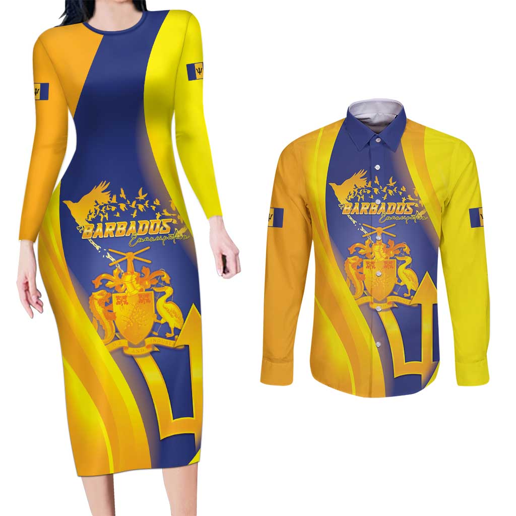 Barbados Emancipation Day Couples Matching Long Sleeve Bodycon Dress and Long Sleeve Button Shirt Freedom And Unity - Wonder Print Shop