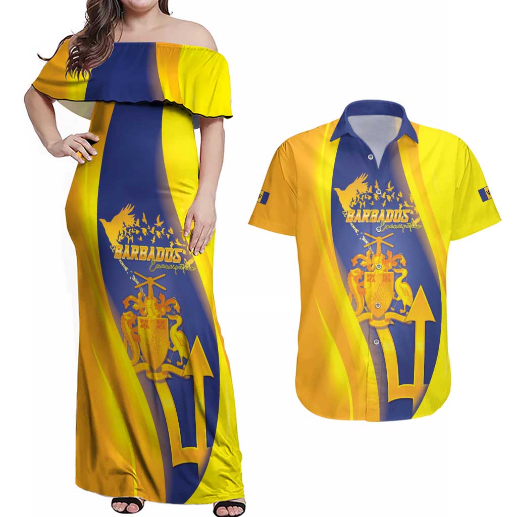 Barbados Emancipation Day Couples Matching Off Shoulder Maxi Dress and Hawaiian Shirt Freedom And Unity - Wonder Print Shop