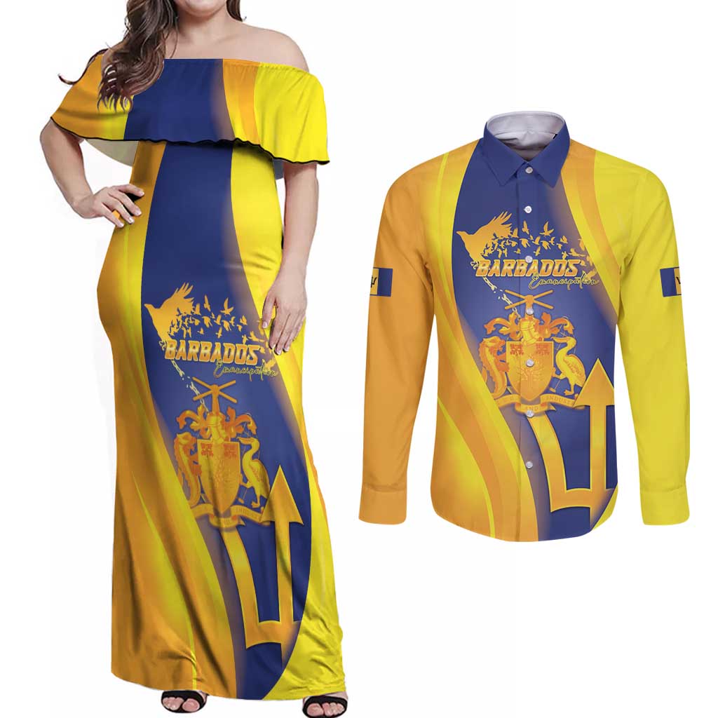 Barbados Emancipation Day Couples Matching Off Shoulder Maxi Dress and Long Sleeve Button Shirt Freedom And Unity - Wonder Print Shop