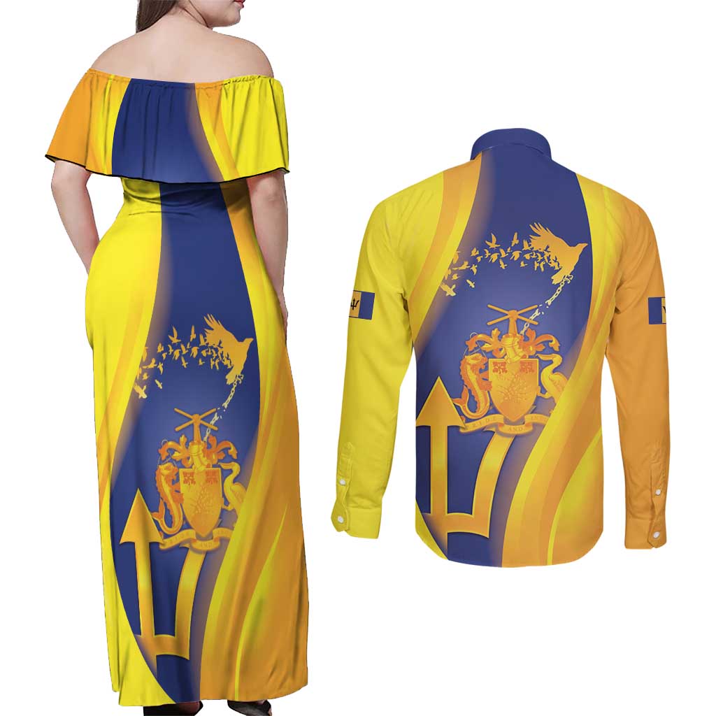 Barbados Emancipation Day Couples Matching Off Shoulder Maxi Dress and Long Sleeve Button Shirt Freedom And Unity - Wonder Print Shop