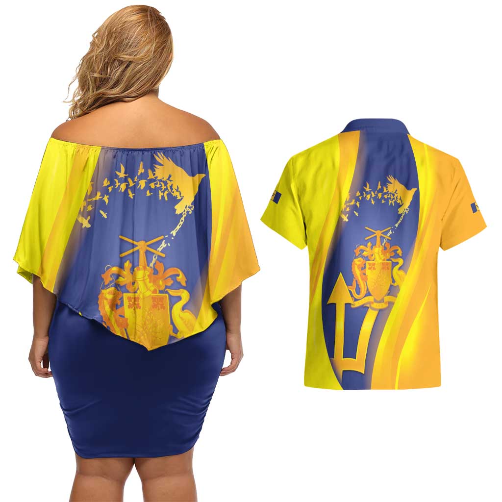 Barbados Emancipation Day Couples Matching Off Shoulder Short Dress and Hawaiian Shirt Freedom And Unity - Wonder Print Shop