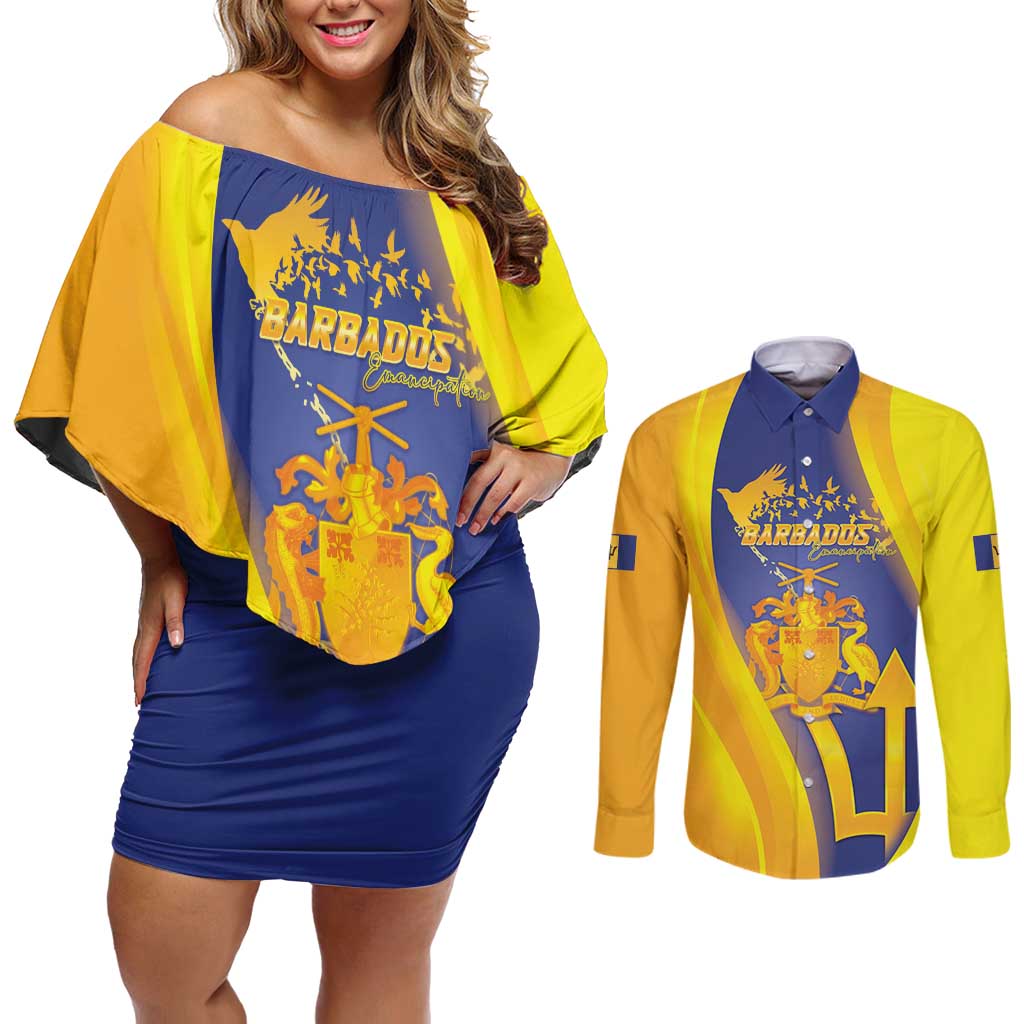 Barbados Emancipation Day Couples Matching Off Shoulder Short Dress and Long Sleeve Button Shirt Freedom And Unity - Wonder Print Shop