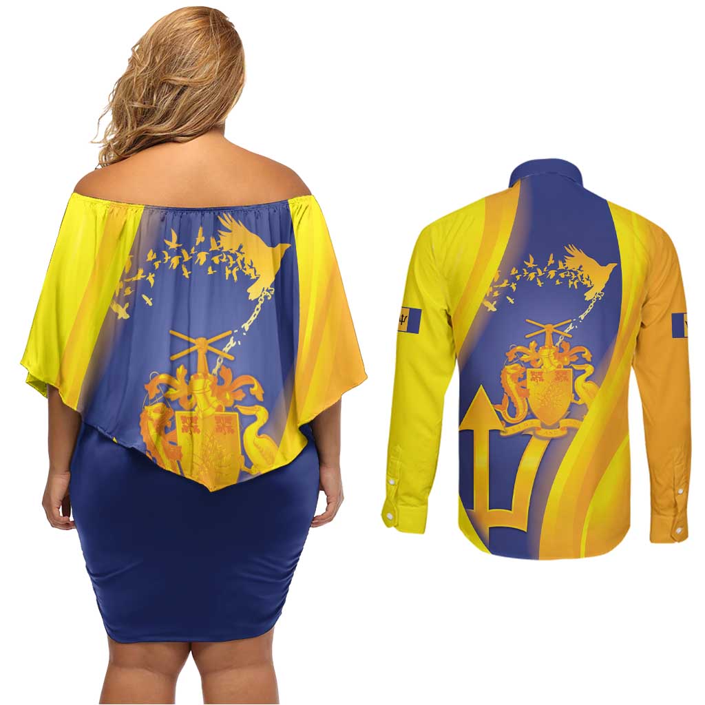 Barbados Emancipation Day Couples Matching Off Shoulder Short Dress and Long Sleeve Button Shirt Freedom And Unity - Wonder Print Shop