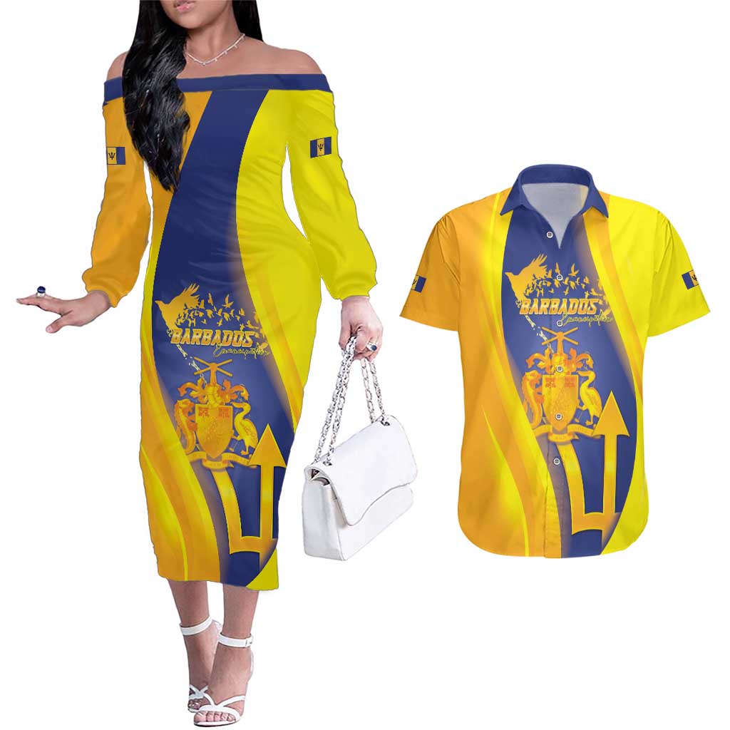 Barbados Emancipation Day Couples Matching Off The Shoulder Long Sleeve Dress and Hawaiian Shirt Freedom And Unity - Wonder Print Shop