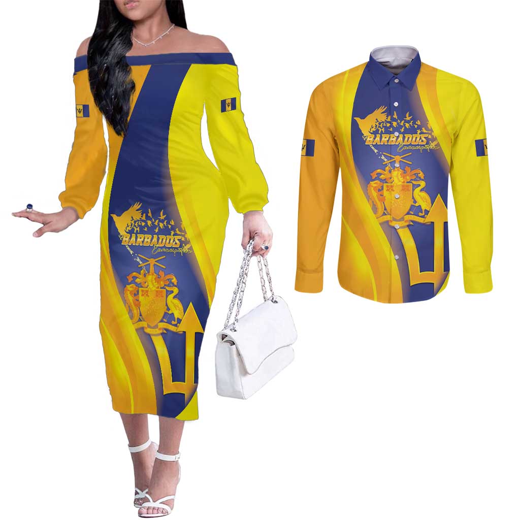 Barbados Emancipation Day Couples Matching Off The Shoulder Long Sleeve Dress and Long Sleeve Button Shirt Freedom And Unity - Wonder Print Shop