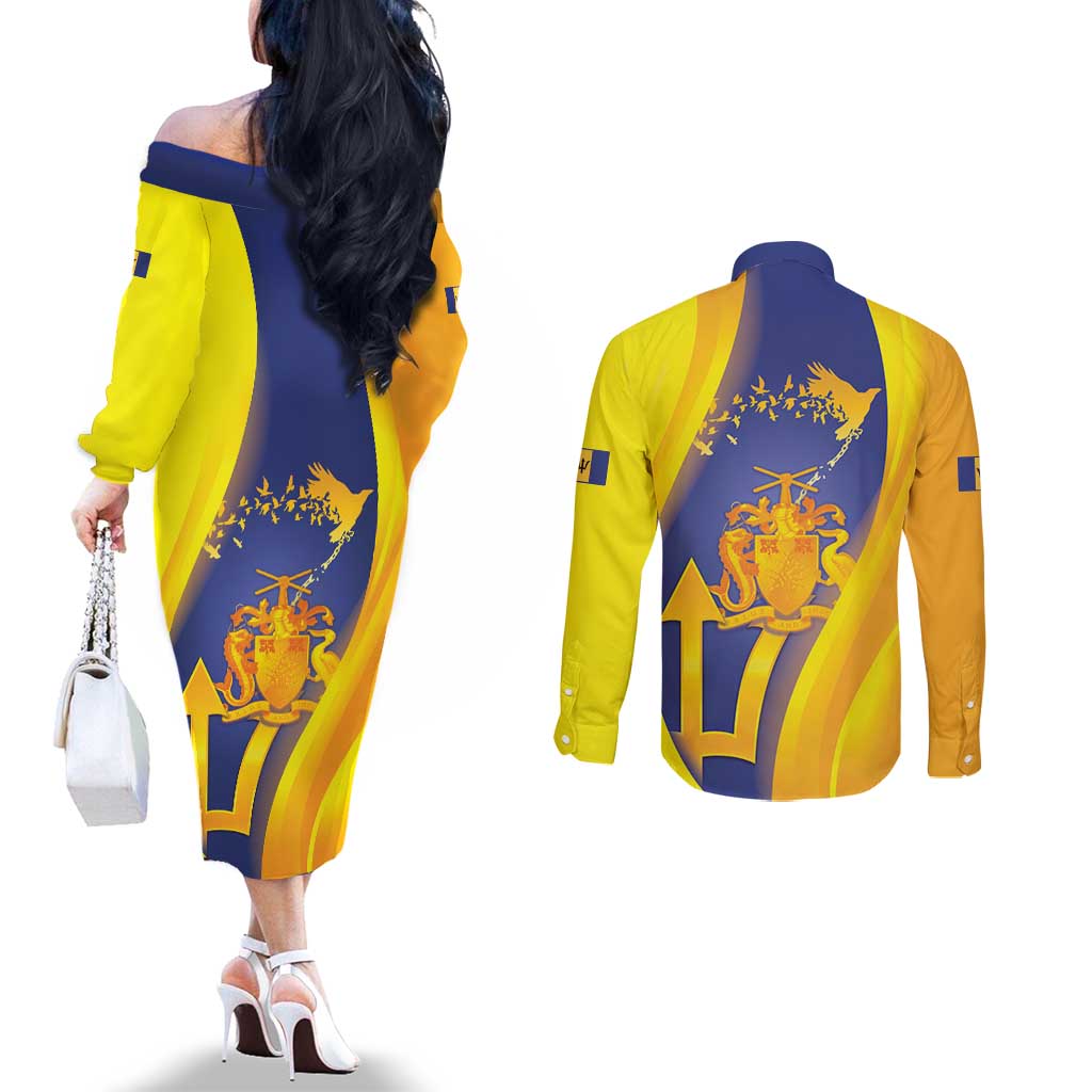 Barbados Emancipation Day Couples Matching Off The Shoulder Long Sleeve Dress and Long Sleeve Button Shirt Freedom And Unity - Wonder Print Shop