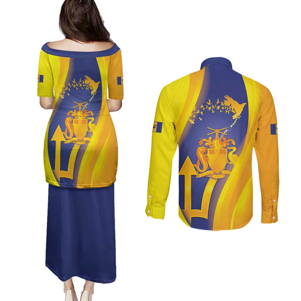 Barbados Emancipation Day Couples Matching Puletasi and Long Sleeve Button Shirt Freedom And Unity - Wonder Print Shop