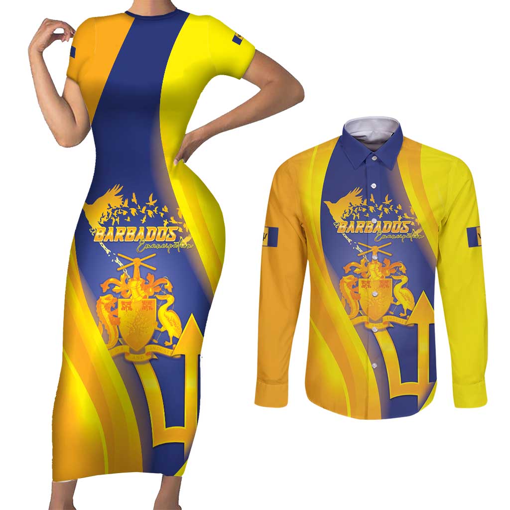 Barbados Emancipation Day Couples Matching Short Sleeve Bodycon Dress and Long Sleeve Button Shirt Freedom And Unity - Wonder Print Shop