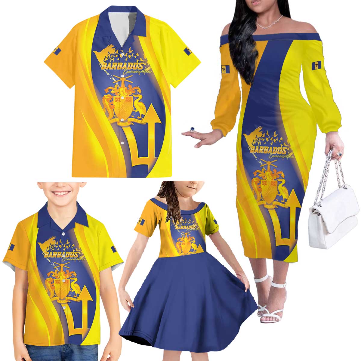 Barbados Emancipation Day Family Matching Off The Shoulder Long Sleeve Dress and Hawaiian Shirt Freedom And Unity - Wonder Print Shop