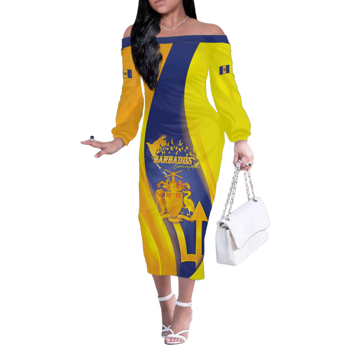 Barbados Emancipation Day Off The Shoulder Long Sleeve Dress Freedom And Unity - Wonder Print Shop