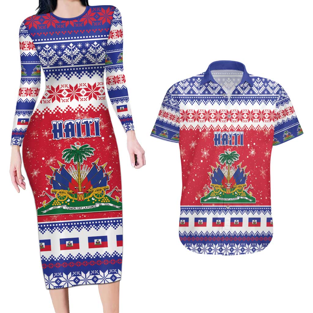 Haiti Christmas Couples Matching Long Sleeve Bodycon Dress and Hawaiian Shirt Coat Of Arms Jwaye Nwel - Wonder Print Shop