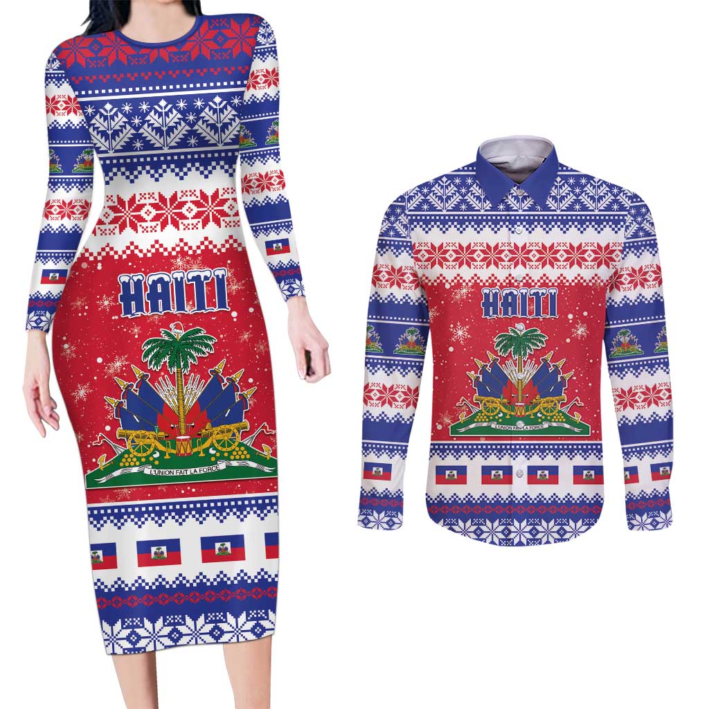 Haiti Christmas Couples Matching Long Sleeve Bodycon Dress and Long Sleeve Button Shirt Coat Of Arms Jwaye Nwel - Wonder Print Shop